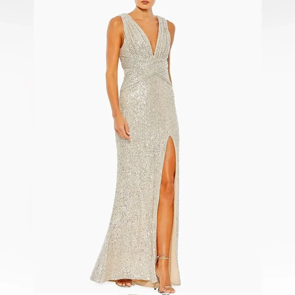 Mac Duggal Silver Sequin V Neck Wrap Gown Nude Formal Evening Dress 10 NWT - Picture 7 of 12
